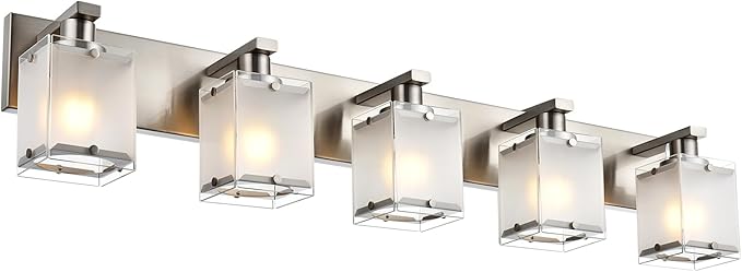 5-Lights Bathroom Vanity Light Fixtures, Modern Brushed Nickel Wall Sconce Lighting with Rectangular Frosted Glass Shades, E26 Bulb Base