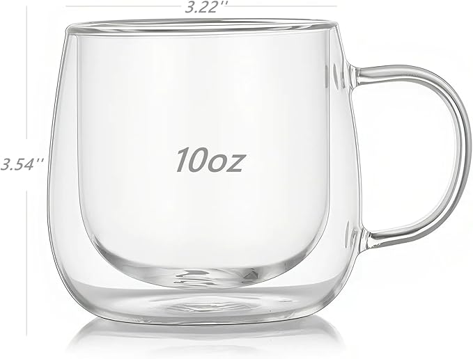 10oz Double Walled Glass Coffee Mugs Set of 2, Clear Insulated Mug for Cappuccino, Latte, Borosilicate Glass Cup, Heat & Cold Resistant Glasses