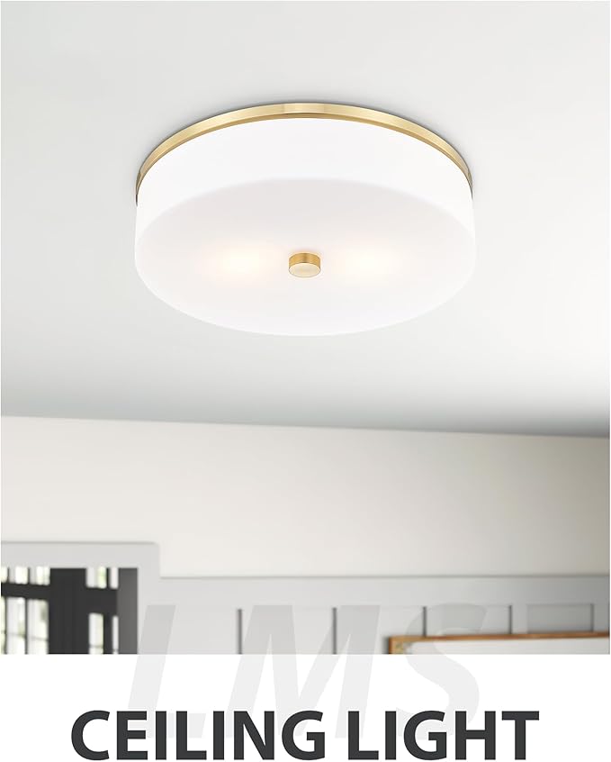 LMS Flush Mount Ceiling Light Fixture, Modern Brushed Gold Bathroom Ceiling Light with Drum Milky White Acrylic Shade, Kitchen, Living Room, LMS-192