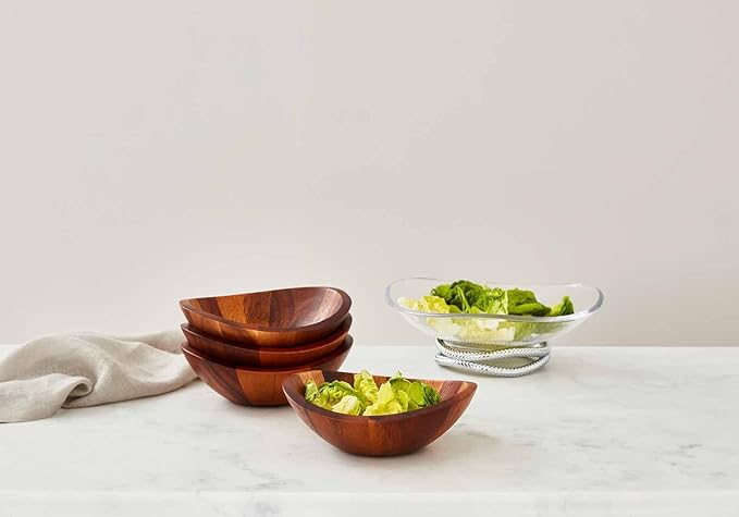 Nambe Braid Salad Bowls, Set of 4 - Designed by Sean O’Hara, Modern Scandinavian Acacia Wood Dining Bowls for Salads & Entertaining - Decorative Tableware for Serving Appetizers, Side Dishes, Snacks