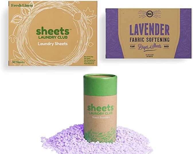 Sheets Laundry Club Bundle - 50 Pack (up to 100 loads) Fresh Linen Detergent Sheets, 40 Pack Free & Clear Dryer Sheets & 8 Oz. Sandbar Scent Booster - New Liquidless Technology