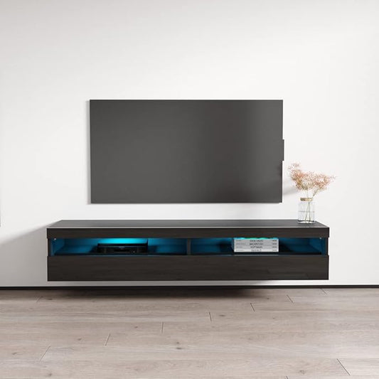 Meble Furniture Fly Type-35 Floating TV Stand - Rectangular Shape Modern High Gloss TV Stand with Storage Cabinets & Led Lights - Media Entertainment Center Console Table for TV Up to 70" - Black