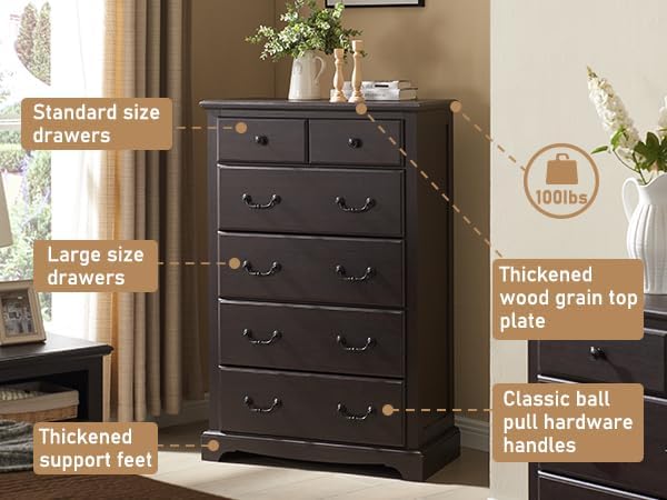 RedLemon 48" Tall Dresser for Bedroom, Modern 6 Drawers Dresser with Vintage Styles Pulls, Wood Rustic Closet Chest of Drawers for Living Room, Hallway, Espresso