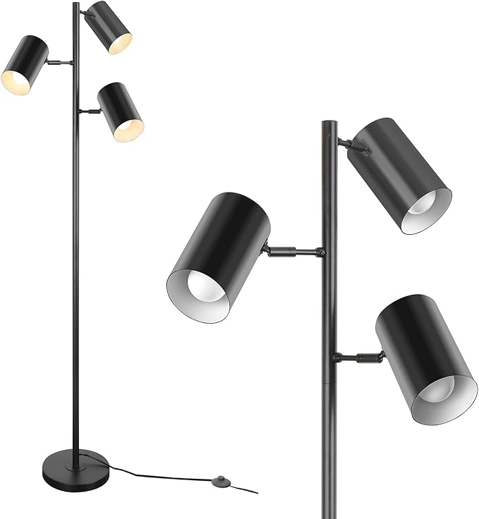 Tree Floor Lamp with 3 Light 9W E26 LED Bulbs,Black Standing Tall Pole Lamp with 3 Adjustable Rotating Lights,Modern Floor Lamp for Living Room Bedroom Office,Reading Room