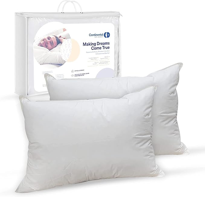 Continental Bedding Affinity Down Alternative Bed Pillow - Standard Size - 100% Soft Cotton Pillow - Pack of 2 - Polyester Pillow for Sleeping