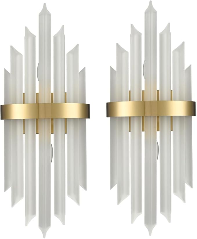 HOLKIRT Modern Gold Wall Sconces Set of Two Crystal Wall Sconce 2-Light Wall Light Fixtures for Living Room Bedside Hallway Stairway Kitchen with Frosted Glass,E12 Base