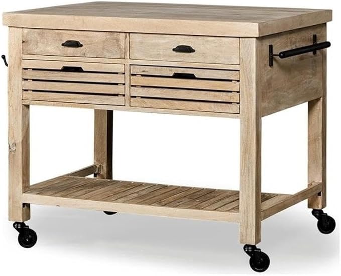 Pemberly Row Light Brown Base w/Black Iron Knobs Rolling Kitchen Island