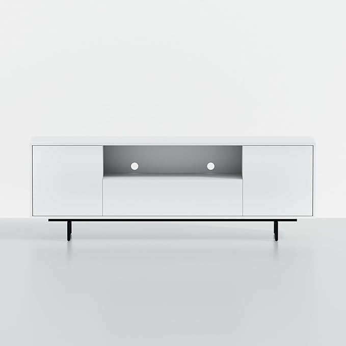 Norrhaus 75-Inch Modern TV Stand – White Finish, 26-Inch Height, No Tools Assembly Technology, Storage Cabinets with Center Channel Speaker Shelf, Mid-Century Modern Design