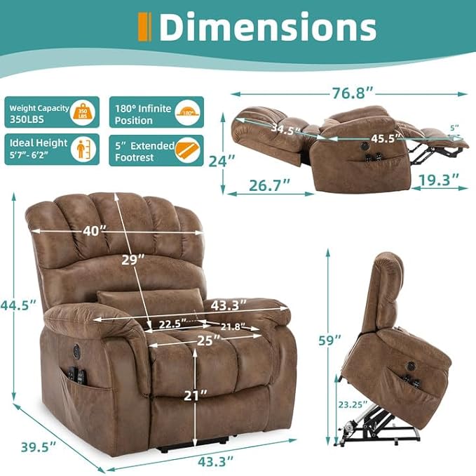 MEETWARM Oversized Dual Motor Power Lift Chair with Extended Footrest for Big Tall Elderly, Infinite Position Lay Flat Sleeper Electric Recliner, Heat Massage, Lumbar Pillow, USB & Type-C Ports, Brown