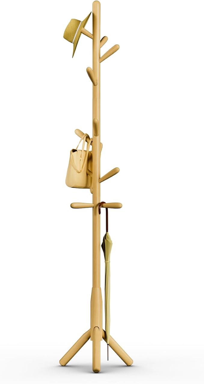 Solid Wood Coat Rack, Freestanding Tree-Shaped Coat Rack with 11 Hooks, Main Pole 1.6" dia for Clothes, Hat Stand Used in Bedroom/Office/Entryway (3-Leg Base, Natural Beige)