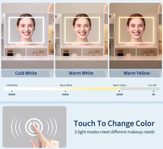 Makeup Vanity Desk with Mirror and Lights, Dressing Table with 3 Drawers and 11 Storage Shelves, Large Makeup Vanity Set with Lighted Mirror & Stool & Power Outlet, Vanity Dresser for Bedroom Dressing