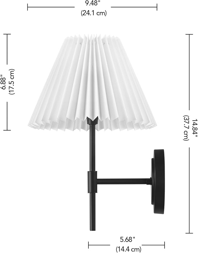 GLOBE 1-Light Wall Sconce, Matte Black, White Pleated Fabric Shade, E12 Base Socket, Candelabra Bulb, Living Room Lighting, Home Essentials, Décor, Bedroom, Mounted Bedside Lamp