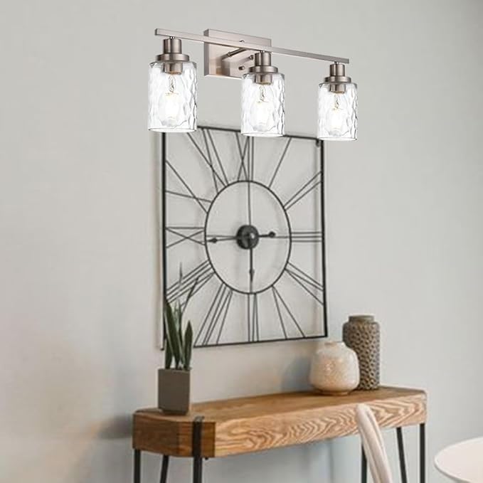 MELUCEE 3-Light Bathroom Lights Modern Vanity Lights Brushed Nickel Finish with Hammered Glass Shade, Industrial Wall Light Fixture for Bedroom Living Room Kitchen (Patent No.: US D963914 S)