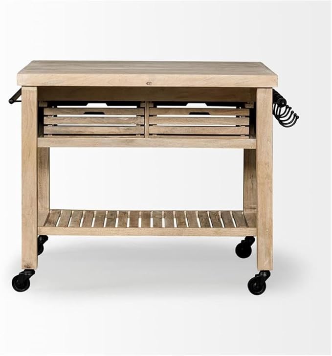 Pemberly Row Light Brown Base w/Black Iron Knobs Rolling Kitchen Island
