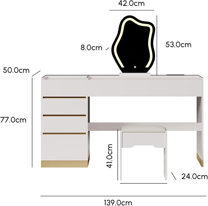 homary Vanity Desk Set with LED Mirror, Makeup Vanity with Power Outlet and Tempered Glass Top, Makeup Table with 6 Drawers, 3 Lighting Modes Vanity Table with Chair for Bedroom (White)