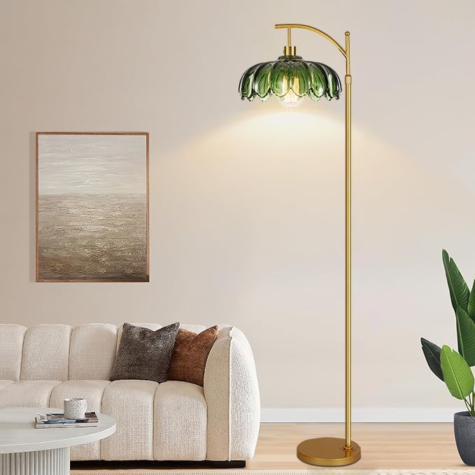Gold Floor Lamps for Living Room,Glass Floor Lamp with Remote Control & Green Lampshade,Arc Flower Floor Lamp Dimmable Mid Century Modern Standing Lamp Vintage Brass Tall Lamp For Bedroom Corner