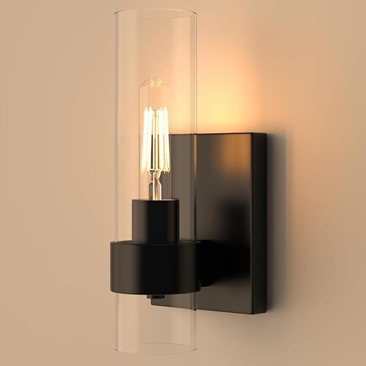 Zevluck 1-Light Wall Sconce, Matte Black Bathroom Vanity Light with Cylinder Clear Glass, Modern Hardwired Vanity Wall Lamps for Bathroom, Bedroom, Living Room, Stairs, Hallway