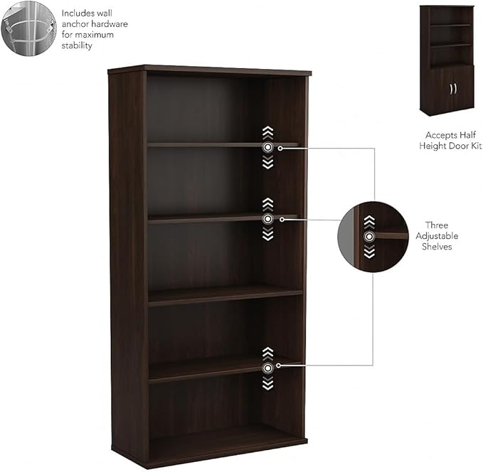 Bush Business Furniture Hybrid Tall 5 Shelf Bookcase in Black Walnut
