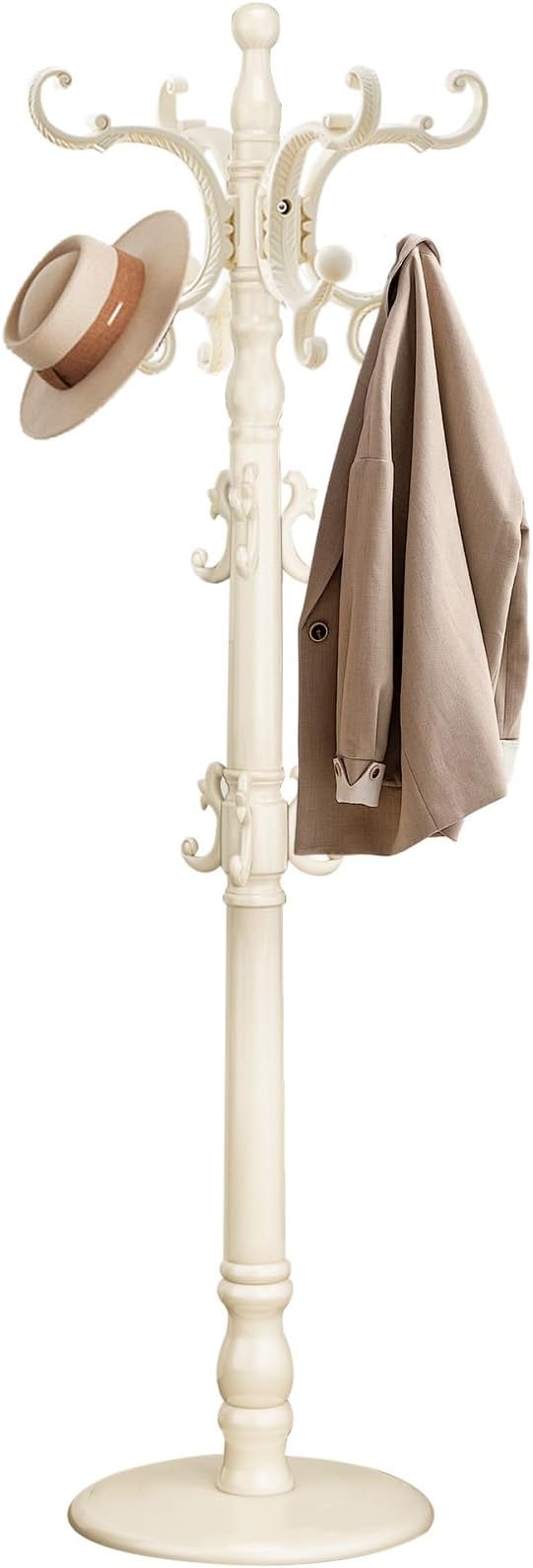 Coat Rack Freestanding, Wooden Coat Tree with Stable Round Base, Vintage Heavy Duty Coat Rack Stand with 14 Hooks, Coat Hanger Stand for Bedroom, Office, Entryway (Ivory)