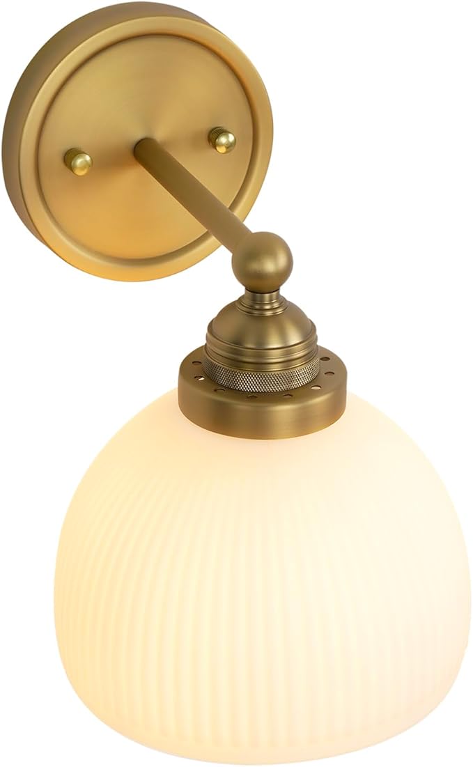 Vintage Wall Sconce 1-Light with White Striped Glass Globe Shade, Indoor Wall Mounted Lamp Fixture for Living Room Bedroom Kitchen Hallway