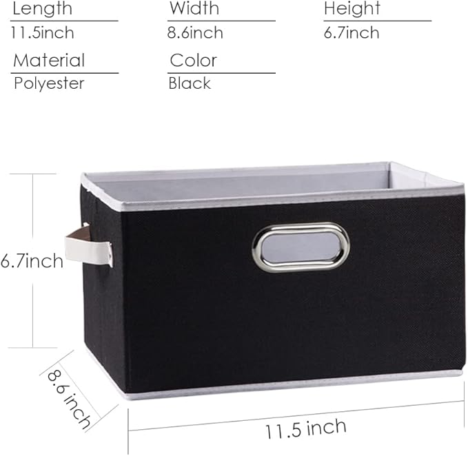 PRANDOM Fodable Storage Baskets for Closet [5-Pack] Decorative Fabric Storage Bins Cubes with Leather/Metal Handles for Shelves Bedroom Living Room Black (11.5x8.5x6.7 Inch)