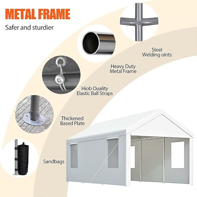 Carport, 10x20 ft White Heavy Duty Carport with Roll-up Windows, Portable Garage with Removable Sidewalls & Doors, Car Canopy and All-Season Tarp for Car Boat Truck Motorcycle