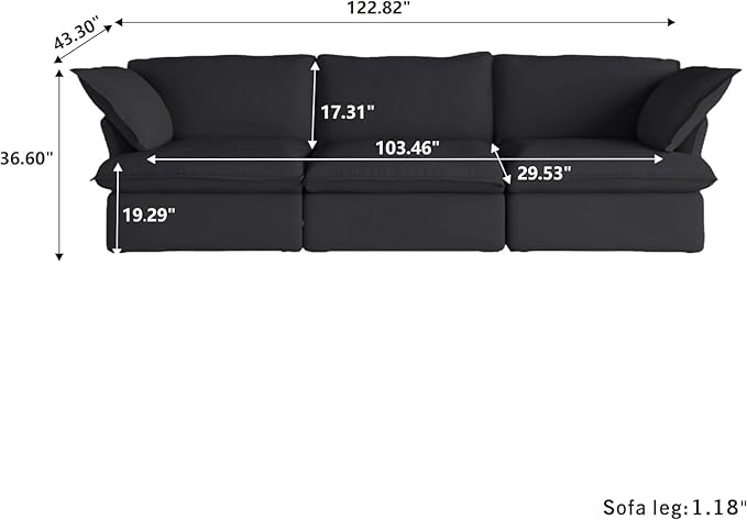 JACH 122.82" Cloud Modular Sectional Sofa 3 Seats for Living Room, Comfy Convertible Sectional Sofas Couches, Cushion Covers Removable, Two Corners and One Middle Sofa for Living Room (Black)