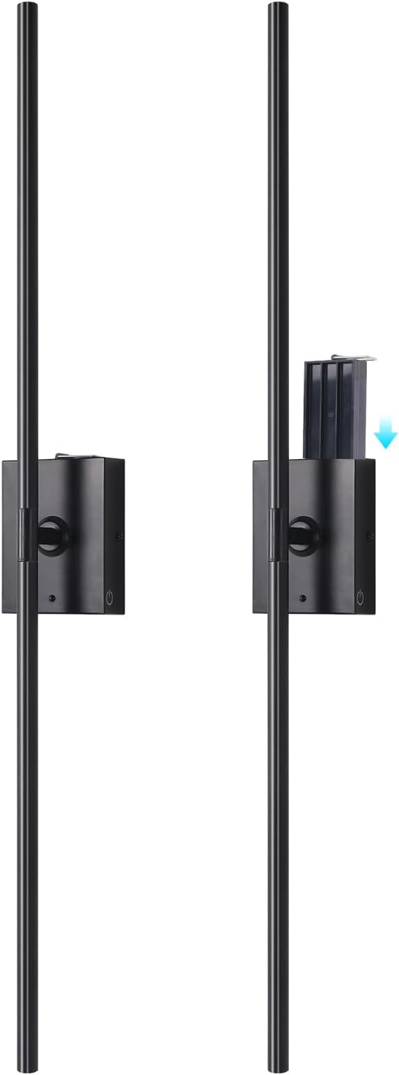 Battery Operated Wall Sconce Set of 2, 5000mAh Rechargeable Wall Sconces with Detachable Battery, Indoor 350°Rotate Wall Lights for Bedroom Living Room, Black, 31.5 Inch