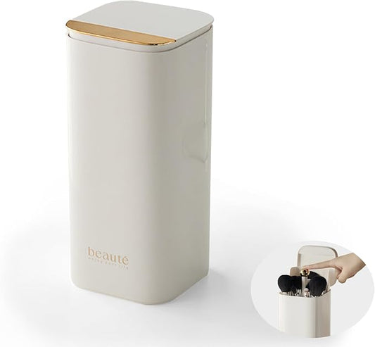 DASITON Makeup Brush Holder with Lid,4 Slots Makeup Brush Organizer,Automatic Lifting Makeup Cosmetics Organizer,for Vanity Decor,Bathroom Countertop,Dustproof Cosmetic Brushes Container(White)