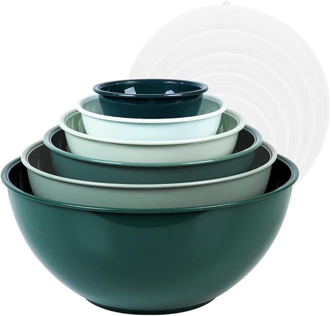 BoxedHome BPA Free Plastic Round Mixing Bowl with Lids, 12 Pack Nesting Bowls with Lids Set, Microwave and Dishwasher Safe Prep & Serving Bowls Great for Mixing, Baking, Serving (Green, 12pcs)