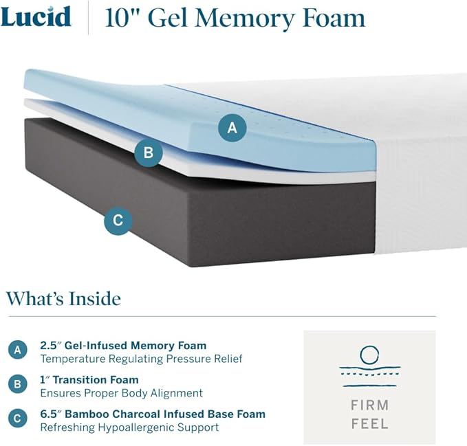 LUCID 10 Inch Memory Foam Mattress - Firm Feel - Infused with Bamboo Charcoal and Gel - Bed in a Box - Temperature Regulating - Pressure Relief - Breathable - King Size