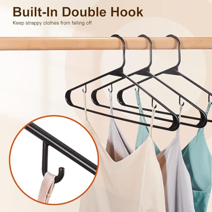 HOUSE DAY Black Plastic Hangers 10 Pack, Plastic Clothes Hangers with Built-in Hooks, Durable and Strong Coat Hanger for Closet, Space Saving Clothing Hanger for Shirts, Coats, Skirt, Dress