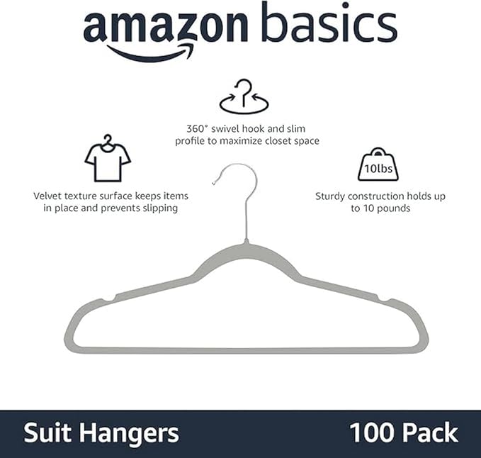 Amazon Basics Slim, Velvet, Non-Slip, Durable Suit Clothes Hangers for Closet, Coats, Pants, Shirts, Gray/Silver, Pack of 100