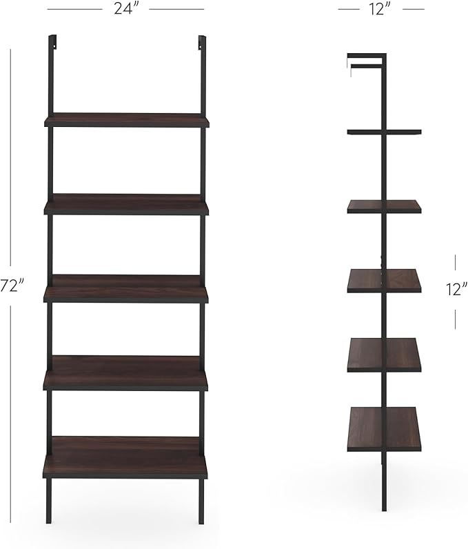 Nathan James Theo 5-Shelf Wood Modern Bookcase, Open Wall Mount Ladder Bookshelf with Industrial Metal Frame, Brown Walnut/Black