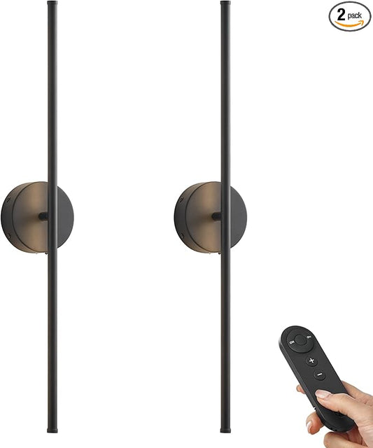 Battery Operated Wall Sconces with Remote Control, Dimmable Wall Sconces Set of Two, 350°Rotate, 3000K LED Black Wireless Wall Light for Living Room, Bedroom,Hallway, 28.3 Inch (2 Pack)