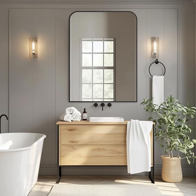 Bathroom Mirror, Wall Mirrors, Black Metal Framed Wall-Mounted Mirrors, Bathroom Vanity Mirror for Over Sink, Living Room, Bedroom, Entryway, 30x40 Inch, Black