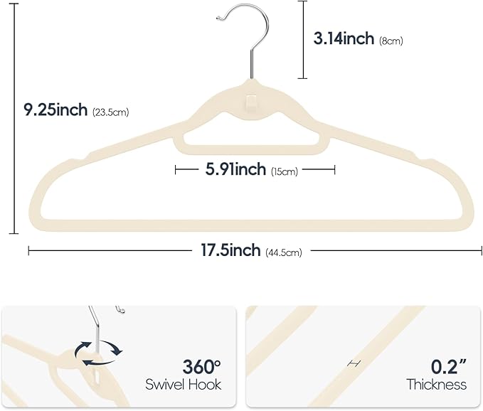 Velvet Hangers 50 Pack, Non Slip Stackable Clothes Hangers with Cascading Hooks, Ultra Thin and Space Saving Felt Hangers with Tie Bar, 360° Swivel Hooks, Heavy Duty for Suit Coat Shirt Pant- Ivory