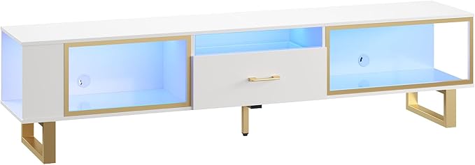 Bestier 80 Inch TV Stand for 65/75/85/90 Inch TVs, LED Gaming Entertainment Center with Open Storage and Half-Glass Design Drawer, Modern High Gloss Media Console for Living Room, White and Gold
