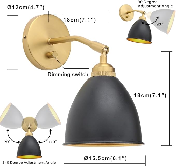 Yosoan Vintage Wall Sconce Bookcase Light, 1-Light Dimmable On Off Switch Industrial Mount Metal Fixture Lighting with 6.1" Oval Black Metal Shade in-Build Gold and Antique Canopy Reading Lamp