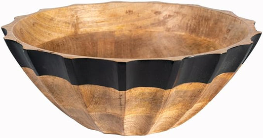 Folkulture Black Wave Salad Bowl | 11” Large Mango Wood Serving Bowl with Dual Ribbed Design | Modern Wooden Bowl for Salad, Fruit & Pasta | Kitchen Island & Dining Table Décor