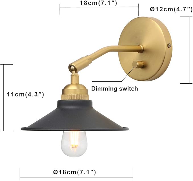 Yosoan Set of 2 Indoor Bedside Wall Sconce with On Off Switch, Hardwired Vanity Vintage Industrial Wall Mount Light, 340 Degree Angle with 7.1" Matte Black Shade for Reading Bedroom (Black-Antique)