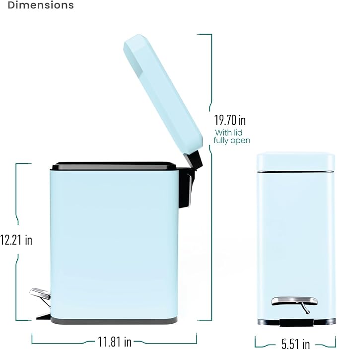 Home Zone Living 2-Pack 1.3 Gallon Small Powder Blue Bathroom Trash Can with Lid and Step Pedal, Stainless Steel Wastebasket with Slim Design for Home and Office, 5 Liters