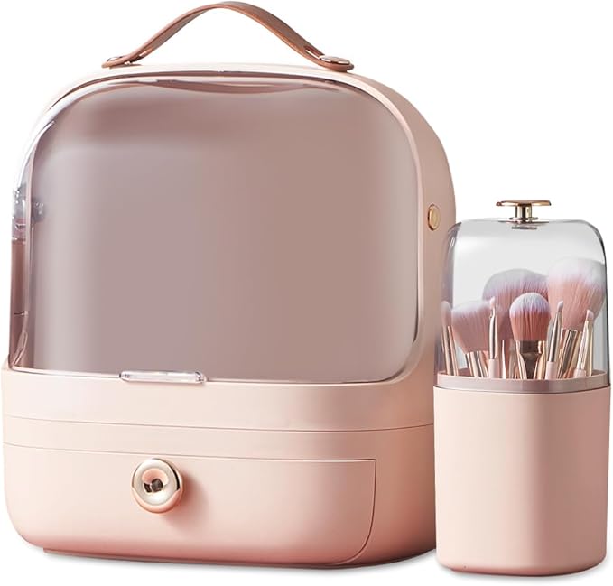 Ergocar Make Up Case Dustproof Cosmetics Skin Care Products Cosmetic Storage Box, Multi-Function Jewelry Organizer Case - Pink + Brush Holder
