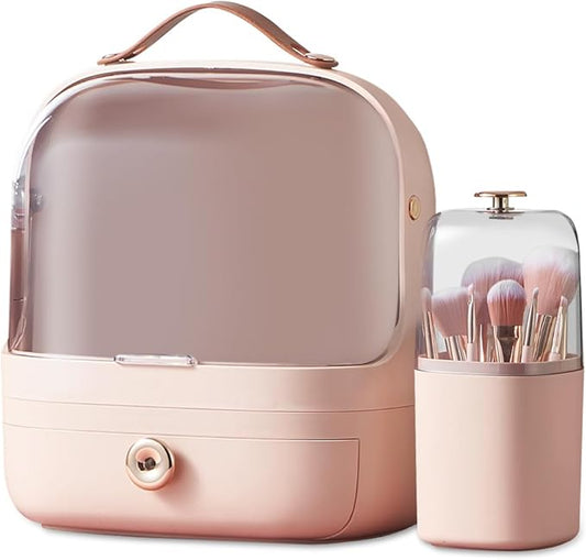 Ergocar Make Up Case Dustproof Cosmetics Skin Care Products Cosmetic Storage Box, Multi-Function Jewelry Organizer Case - Pink + Brush Holder