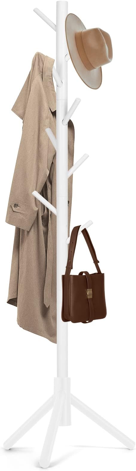 Solid Wooden Coat Rack Freestanding, New Zealand Pine Coat Tree with 8 Hooks & 3 Adjustable Sizes for Coats, Hats, Handbags and Scarves, Space Saving for Entryway/Office/Bedroom (White)