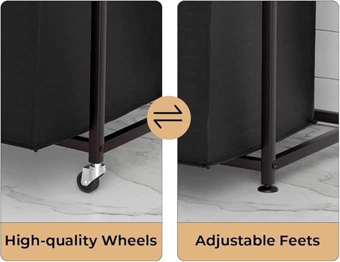 Laundry Hampers with Shelf, Laundry Basket 3 Section, Laundry Sorter with Pull-Out Removable Large 3 Color Bags and Movable Wheels, Metal Frame, 3 x 15.87 Gallons (60L), Rustic Brown PF04XLN