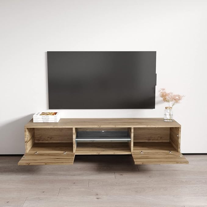Meble Furniture Fly Type-33 Floating TV Stand - Rectangular Shape Modern High Gloss TV Stand with Storage Cabinets - Media Entertainment Center Console Table for TV Up to 70" - Oak