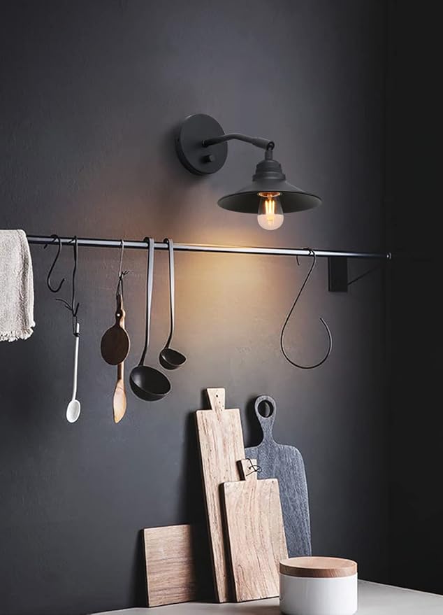Yosoan Set of 2 Indoor Bedside Wall Sconce with On Off Switch, Hardwired Vanity Vintage Wall Mount Light Fixture, 340 Degree Angle with 7.1" Matte Black Shade Lamp for Reading Bedroom Sink(Black)