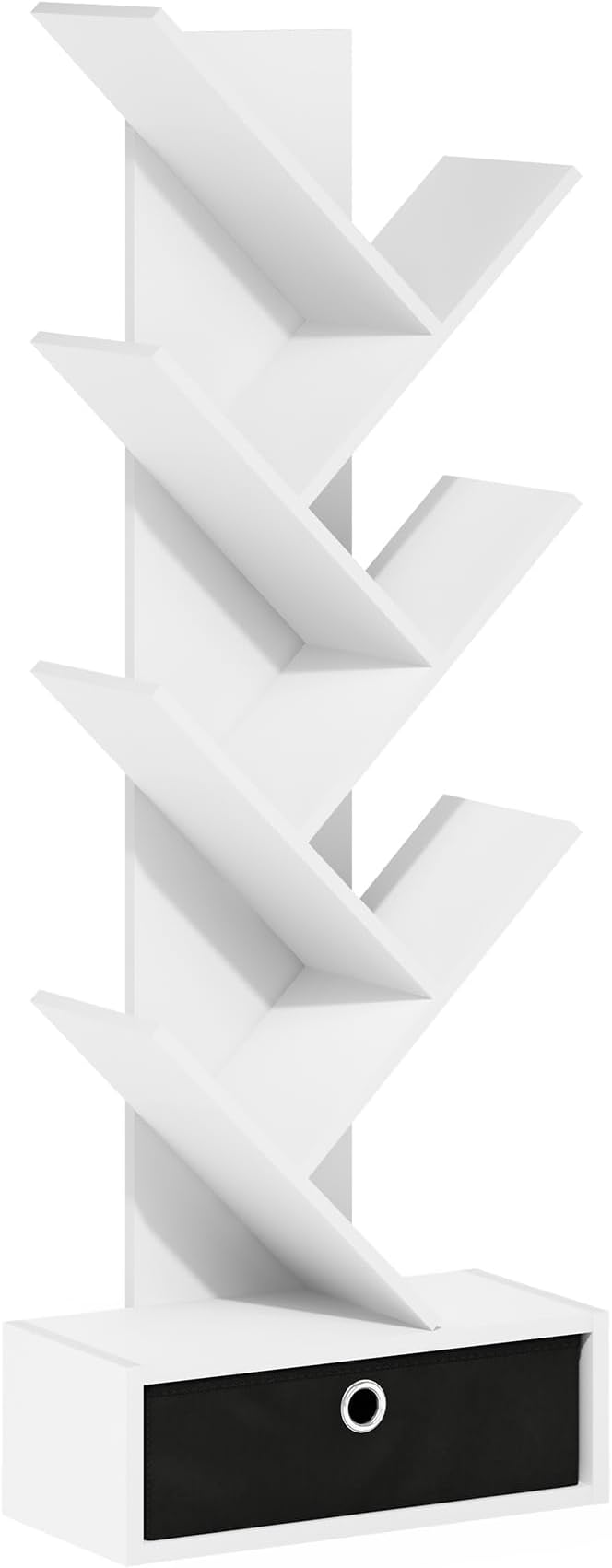 Furinno Tree Book Shelf, 7-Tier Bookshelf, Tree Bookcase with Bin Drawer, 8.4 x 16.9 x 46.2, for Living Room, Bedroom, Home Office, White/Black