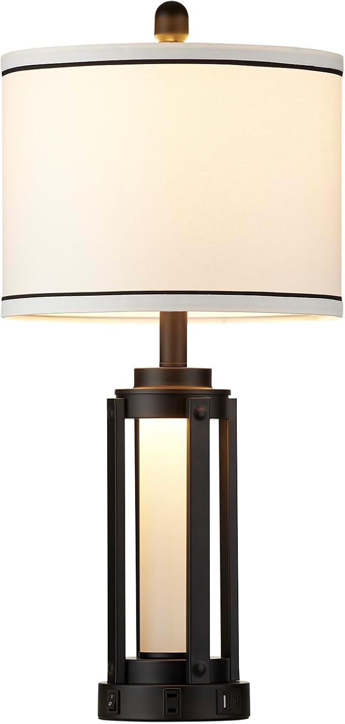 Industrial Table Lamps Set of 2, Modern Beside Lamp with USB A+C Charging Ports & AC Outlet, Rustic Nightstand Lamp with LED Night Light for Living Room Bedroom End Table Entryway Black Bulbs Included